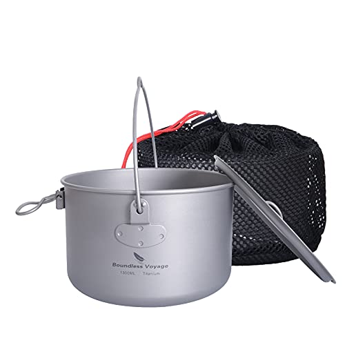 iBasingo 1.3L Titan Hängender Topf Camping Schüssel Leichte Outdoor Kochgeschirr Koch Mess Kit mit Klappgriff Küchen Utensilien für den Außenbereich für 1 Personen Ti2043C