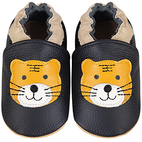 IceUnicorn Krabbelschuhe Baby Lauflernschuhe Jungen Mädchen Weicher Leder Babyhausschuhe Kleinkind rutschfeste Lederschuhe Baby(Schwarzer Tiger, 0-6 Monate)