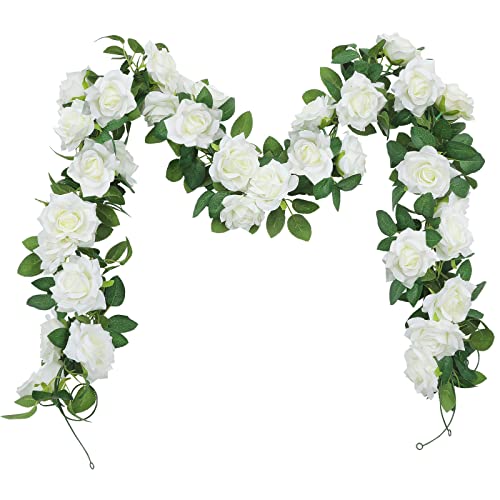 SHACOS 3 Stück (6 Meter) Blumengirlande Deko Künstliche Rosengirlande Weiß Blumengirlande Hochzeit Rose Girlande Kunstblumen Seidenblumen Hängende Girlande für Hochzeit, Deko