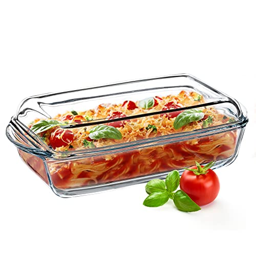 KADAX Auflaufform aus hitzebeständigem Glas, feuerfestes Gefäß, Glasbräter mit Deckel und Griffe, Geschirr zum Braten, Backofen, Elektroherd, für Lasagne, Fleisch, transparent (rechtseckig, 3.95L)