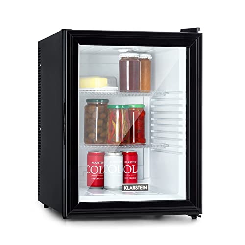 Klarstein Brooklyn 42 Mini-Kühlschrank mit Glastür, kompakt, freistehend, Thermoelektrisches Kühlsystem, 42 Liter, 12-18 °C, Auto DeFrost, EKK A, 0 dB, Innenraum: weiß, Außen: schwarz