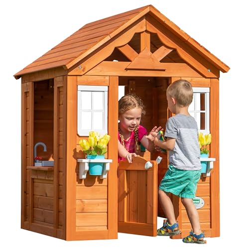 Backyard Discovery Spielhaus Sweetwater aus Holz | Outdoor Kinderspielhaus für den Garten inklusive Zubehör | Gartenhaus für Kinder mit Fenstern in Braun & Schwarz