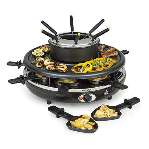 Klarstein Fonduelette Raclette und Fondue, 1350 W, Fonduetopf: 1 L, Grillplatte: 38cm Ø, für 8 Personen, 8 Raclette-Pfannen mit Antihaftbeschichtung, hitzeresistente Griffe, 8 Edelstahl-Fonduegabeln,