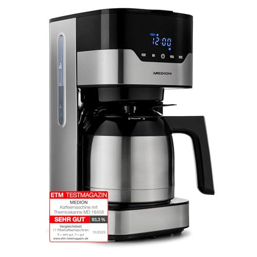 MEDION Kaffeemaschine mit Thermoskanne und Timer (Filtermaschine, 8 Tassen, 1,2 Liter, 900 Watt, 3 Stufen, Warmhaltefunktion, Timer Zeitschaltuhr, Antitropf, Display, MD18458) edelstahl