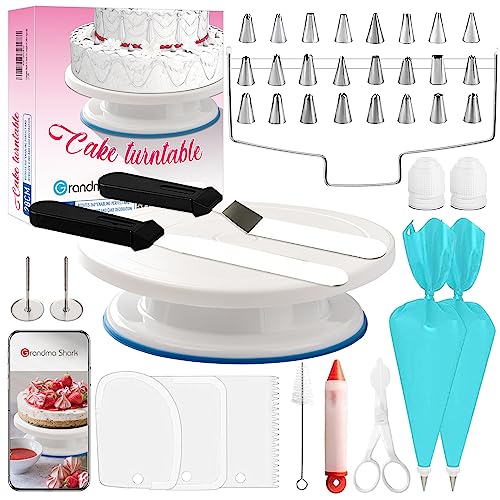 GRANDMA SHARK 11 Zoll Tortenplatte Drehbar mit 24 Paspelspitzen, 2 Blumennagel, Kuchenschneider und Verschiedene Kuchen Dekoration Kits