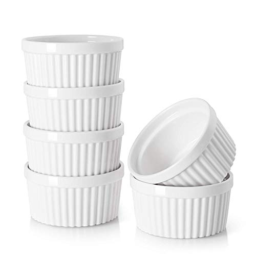 DOWAN Creme Brulee Schälchen Set, 6 X 120 ml Porzellan Souffle Förmchen Backofenfest für Leckere Würzfleisch, Ragout Fin Schalen und Sauce, Microwellen-, Airfryer-, Spülmaschinenfest, Ø 9cm-Weiß