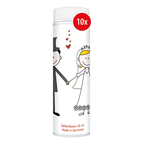 PUSTEFIX Seifenblasen Set I 10 x Klassik 42ml Hochzeit Comic I Bunte Hochzeits-Bubbles Made in Germany I Seifenblasen für Hochzeit, Standesamt, Polterabend, Kinder-Geburtstag I 10 x 42 ml Vorteilspack