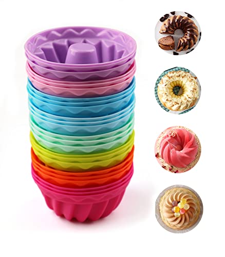 Mlying Mini Gugelhupfform Silikon 24 Stück Gugelhupf Backform Wiederverwendbare Muffinförmchen Cupcake Klein Kuchenform Mini Gugelhupf Ø 6,5cm, Höhe 3,5 cm (8 Farben)