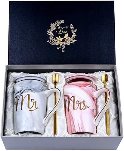 Hochzeitsgeschenke für Brautpaar, Mr und Mrs Geschenk für Braut und Bräutigam, Kaffeetassen Tassen Set Keramik Marmor 14 Oz für Hochzeit, Verlobungen, Geburtstage