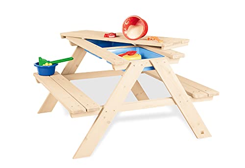 Pinolino Kindersitzgarnitur Matsch-Nicki für 4, inkl. 2 Wannen und abnehmbarer Arbeitsplatte, für Kinder ab 2 Jahren, aus massivem Holz, natur