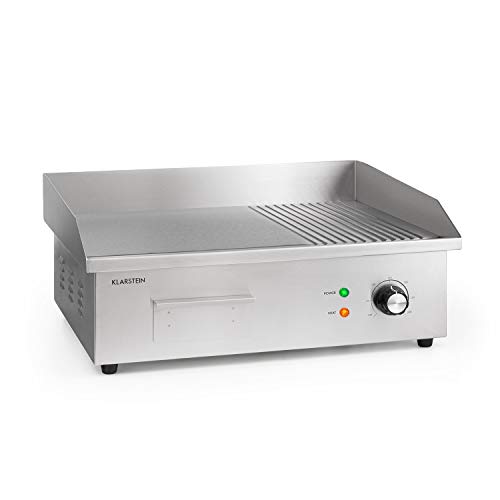 Klarstein Elektrogrill, Grillplatte, Elektrische Grillplatte, Tischgrill, Elektrogrill aus Edelstahl, Spritzschutz & Auffangbehälter, ⅔ Glatte & ⅓ Geriffelte XL Grillfläche: 54,5 x 35 cm, 3000 Watt