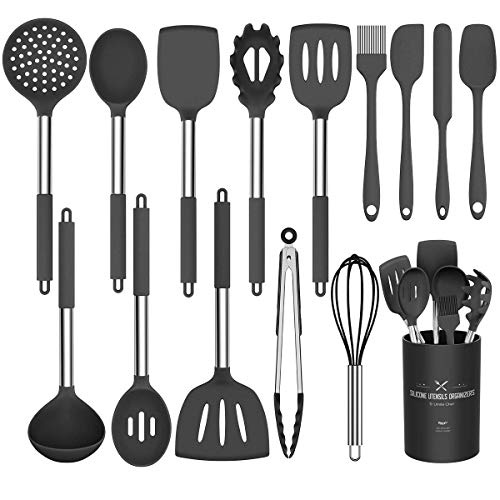 Umite Chef Küchenutensilien-Set, 15-teilig, Silikon, hitzebeständig, antihaftbeschichtet, BPA-frei, Edelstahl-Griff, Pfannenwender, Löffel, Zange, Schneebesen, Kochgeschirr