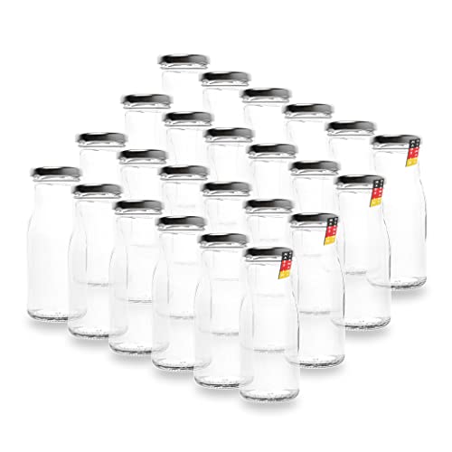 24 leere Flaschen, kleine Glasflaschen 150 ml weiß TO43 mit silbernen Verschluss. Kleine Flaschen zum Befüllen von Milchflaschen, Saftflaschen, Schnapsflaschen klein oder als Vasen Deko benutzbar