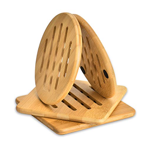 Wuudi Hitzebeständiger Bambus Tischset Natürliche waschbare Untersetzer Bambus für Küchenschüsseltöpfe Pfannen und Teller - 4er-Set (2 x rund und 2 x quadratisch, 15 cm) (B)
