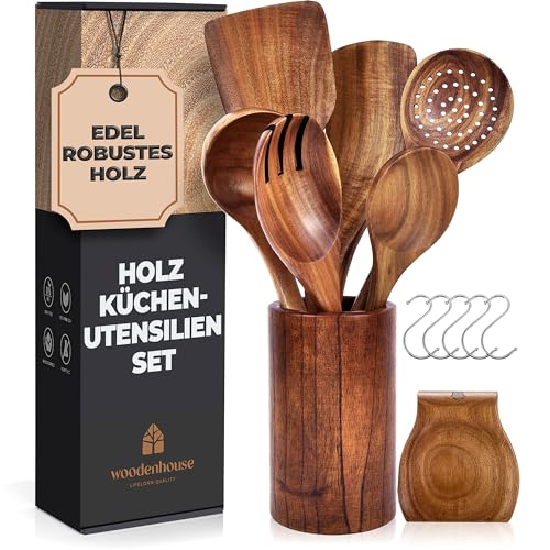 Holz Kochbesteck-Set mit Halter, Pfannenwender Kochlöffel Schöpfkelle Nudelheber Servierlöffel Sieb – mit Haken, Halter und Ablage – 13-teiliges-Set Küchenset – hochwertig & nachhaltig