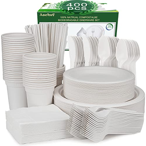 Aschef 400er Umweltfreundlich Biologisch Abbbaubare Geschirrset Einweggeschirr Besteck Set aus Bagasse Kompostierbar Pappteller Pappbecher Messer Löffel Gabeln für Camping Grill BBQ Party 50 Personen