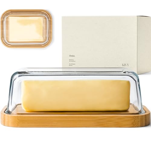 KIVY Butterdose Glas mit luftdichtem Deckel für streichzarte Butter - BPA Frei - Butterdosen - Butter dish - Butterschale mit Deckel - Butterdose mit Deckel - Butter Box Dose - Butterbox Bambus Holz