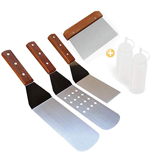 ADNEWX 4 Stück Grillspachtel Set, Pfannenwender Edelstahl mit 2 Quetschflasche Grillwender Holzgriffen Glatte für Teppanyaki-Grills und Plancha Zubehör