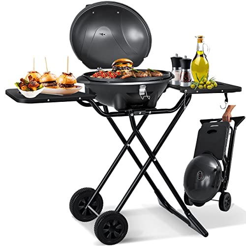 KESSER® elektrischer Elektrogrill 2in1 Tischgrill - Standgrill mit Deckel und Standfuß | max. 2400 Watt | Faltbar | Thermometer | Antihaftbeschichtung | Grillplatte Abstelltische | 2 Räder | Schwarz