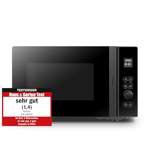 Toshiba MV-AM20T(BK) Mikrowelle/Solo-Mikrowelle/ 20 L/ 800 W/ 5 Leistungsstufen/ 12 Automatikprogramme/Emaille Innenraum/einfach zu reinigen/Auftaufunktion/Glasdrehteller (24,5 cm) /Schwarz