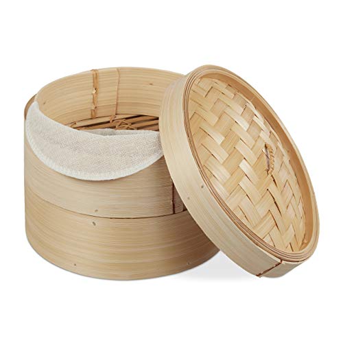 Relaxdays Bambus Dampfgarer, asiatischer Dämpfkorb mit 2 Etagen, für Dim Sum, Reis, Dampfgarer Einsatz, Ø 20,5 cm, natur