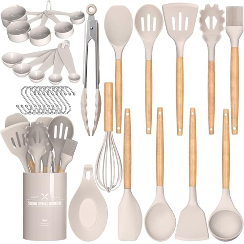 Umite Chef Küchenutensilien-Set, antihaftbeschichtet, Silikon, Küchenutensilien, Spachtel-Set mit Halter, Holzgriff, hitzebeständiges Silikon, 24-teilig