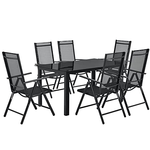 Juskys Aluminium Gartengarnitur Milano 6+1-6 Hochlehner Stühle verstellbar & klappbar mit Tisch - Gartenmöbel Set 7-teilig wetterfest - Grau