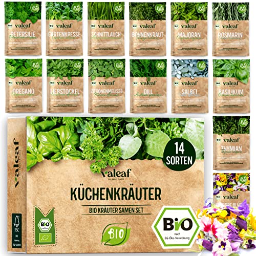 BIO Kräuter Samen Set - 14 Sorten Kräutersamen aus biologischem Anbau, samenfestes Bio Saatgut, Küchenkräuter Set für Küche, Balkon und Garten, 14er Pflanzen Samen Set