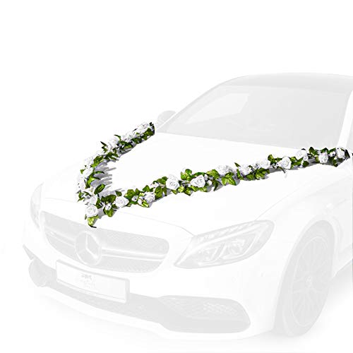 Fairytale Wedding © Autoschmuck Hochzeit mit 24 wunderschönen Seidenblumen - 2 X 180cm Hochzeitsdeko Auto inkl. 4 Autoschleifen für Türgriffe - Autodeko Hochzeit mit 12 extrastarken Saugnäpfen