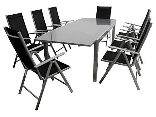 DEGAMO Gartengarnitur Marina 9-teilig, 8X Hochlehner und 1x Ausziehtisch Aluminium mit Glasplatte 180/240x100cm, Outdoor