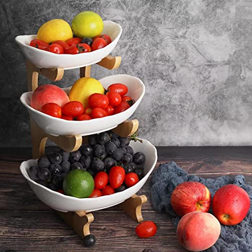 SEVEN SPARTA Obst Etagere Obstschale Keramik 3 Stöckig Porzellan Obstteller 3 Etagen mit Natürlichem Bambus Ständer Servierteller für Obst, Kuchen, Süßigkeiten