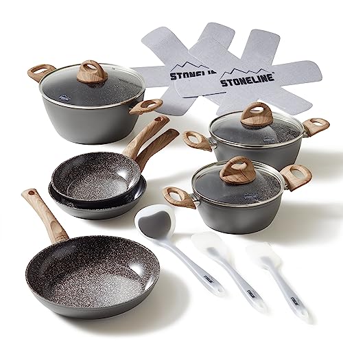 STONELINE Ceramic Topfset für Induktion geeignet, 14 teilig, Kochgeschirr Set mit Glasdeckel, Töpfe und Pfannen mit Keramik Antihaftbeschichtung und echten Steinpartikeln, Holzoptik