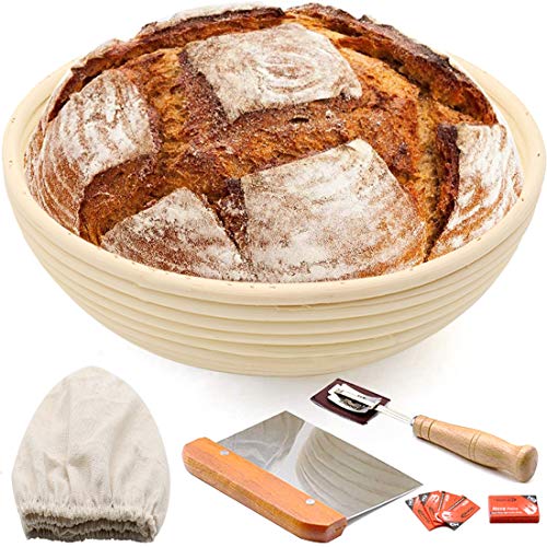 Gabriel 10 runde Brot-Banneton-Gärkörbe für Sauerteig, inklusive Leineneinlage, Metall-Teigschaber, Ritzlamelle und Etui, zusätzliche Klingen, Backschüssel für aufgehenden Teig, Geschenke für handwerk