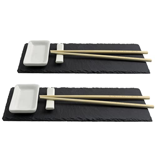 Moritz & Moritz 10-TLG. Sushi Platte Schiefer mit Dipschalen für 2 Personen - 30x10 cm - Sushi Geschirr Schieferplatten mit Stäbchen Ablagebänkchen Dipschalen Schiefertellern