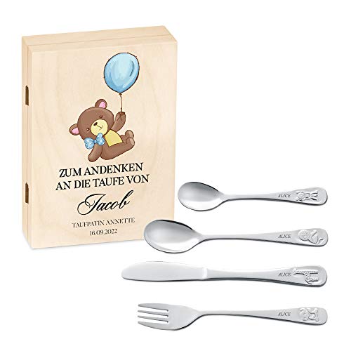 Maverton Kinderbesteck Set mit Gravur + Holzbox mit Aufdruck - mit Tieren - aus Edelstahl - Braun - Geschenk für Jungen zum Geburtstag zur Taufe Geburt - Teddybär