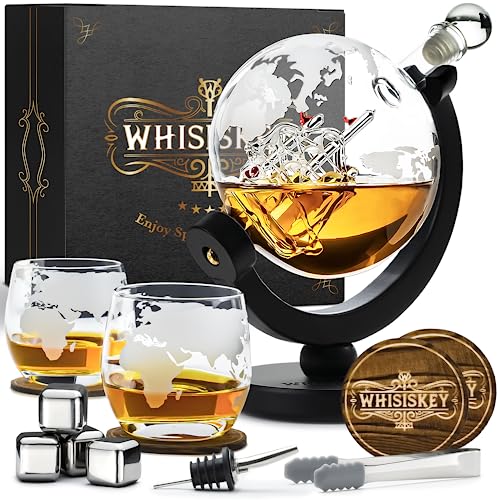 Whisiskey – Whisky Karaffe Set - Whiskey Geschenkset – Geschenke für Männer – Männergeschenke - Vatertagsgeschenk für Papa - Globus Dekanter 900ML, Geschenkbox, Whisky Gläser, Whiskey Steine, Zubehör