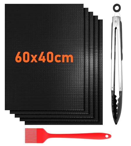 BBQ Grillmatte für Gasgrill 5er Set 40x60CM Grillmatten Grillplatte,Backmatte Backpapier Wiederverwendbar,Dauerbackfolie für backofen Grill, Zubehör fur Holzkohlegrill