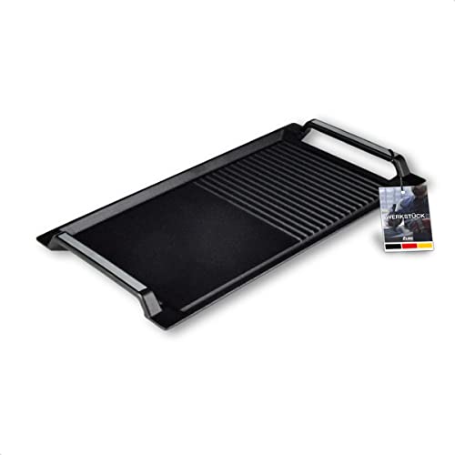 ELAG Grillplatte (DAS ORIGINAL für Induktion – aus Gusseisen – 43x23 cm Bratplatte - für Plancha & Teppanyaki Kochen – mit Antihaft – kratzfester Untergrund – halb-gerippt und halb-glatt)