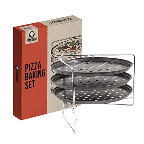Chef Pomodoro Pizzablech – Pizzablech Rund – Pizza Blech – 3er Set - antihaft gelochte Pizzapfanne aus Karbonstahl, Pizzablech Rund 28 cm