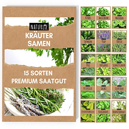 15er Kräuter Samen Set von Naturlie, 15 Sorten Küchenkräuter im Kräutersamen Set, Kräuterset und Gewürzsamen für Küche, Balkon, Garten oder Hochbeet