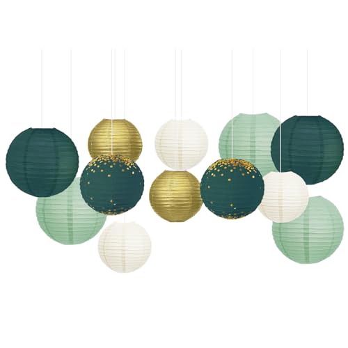 NICROLANDEE Hochzeitsfeierdekorationen - 12 Stück Grün Gold hängende Papierlaternen für rustikalen Stil Frühlingsdekor Brautdusche Babyparty Geburtstag Eukalyptus Neutrales Partydekor