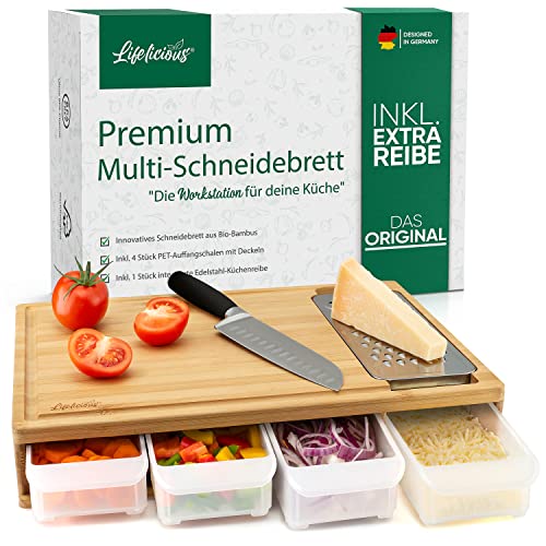 LIFELICIOUS® -NEU- Premium Schneidebrett mit Auffangschalen [inkl. Edelstahlreibe] Spülmaschinenfeste Schalen aus Kunststoff - Großes multifunktionales Küchenbrett aus hellem Edelbambus-Holz