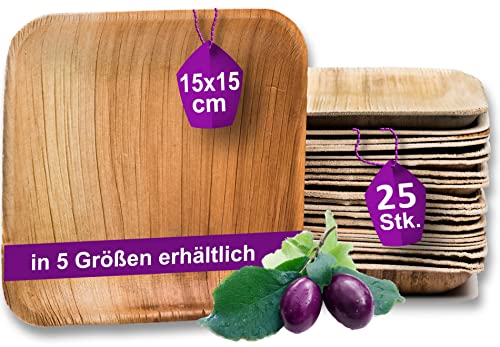 Waipur Bio Palmblattteller - 25 Teller klein eckig 15x15 cm - Premium Einweggeschirr kompostierbar - Umweltfreundliche Partyteller - Palmblatt Geschirr