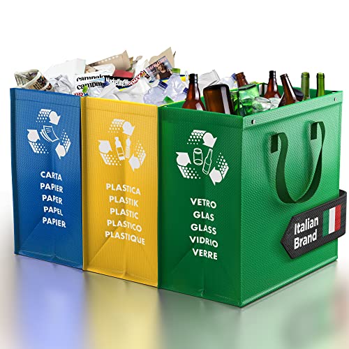 PTMS® Mülltrennsystem Taschen für Papier, Glas und Plastik - Umweltfreundliche Mülleimer 3 Fächer - Recycling Organizer Taschen aus resistenten und wiederverwendbaren Materialien - Einfache Entleerung