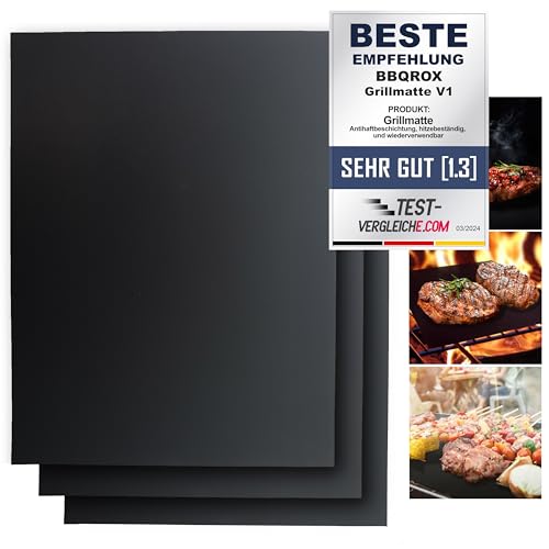 BLACKROX Grillmatten BBQROX Antihaft Grill Backmatte Wiederverwendbar Mehrweg Holzkohlegrill, Gasgrills Elektrogrill, Weber Style für Fleisch, Fisch (3er Set 40x33cm 300°C Schwarz)