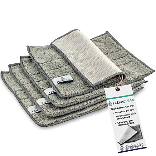 ELEXACLEAN Spültücher waschbar - Mikrofaser (Grau, 4er Set, 24x20cm) Spüllappen für Küche, Geschirr