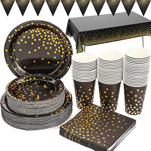 Schwarz und Gold Partygeschirr 99 Stück Golden Dot Partyteller Set Enthält Pappteller, Servietten, 9-Unzen-Tassen, Tischdecke, Banner, für Geburtstag, Abschlussfeier, Cocktailparty, Severs 24 Gäste…