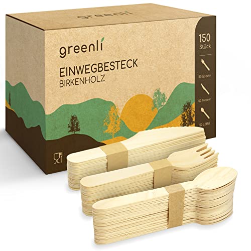 greenli® Einwegbesteck Set - 150 Holzgabeln, Holzmesser und Holzlöffel - Nachhaltiges Holzbesteck Einweg