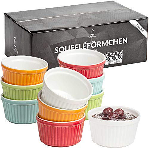 Chefarone® Soufflé Förmchen Backofenfest 10er Set - Creme Brulee Schälchen Keramik zum Backen und Anrichten - Mini Auflaufformen 200 ml - 10er Set Multicolor (9x7.5x5CM)