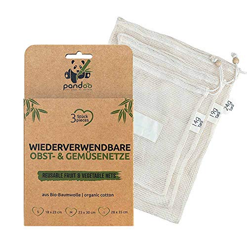 pandoo 3er Pack Obst- und Gemüsenetze aus Bio-Baumwolle | 3 Einkaufs-Netze | Plastikfrei und Unverpackt Einkaufen | Wiederverwendbare Einkaufstaschen